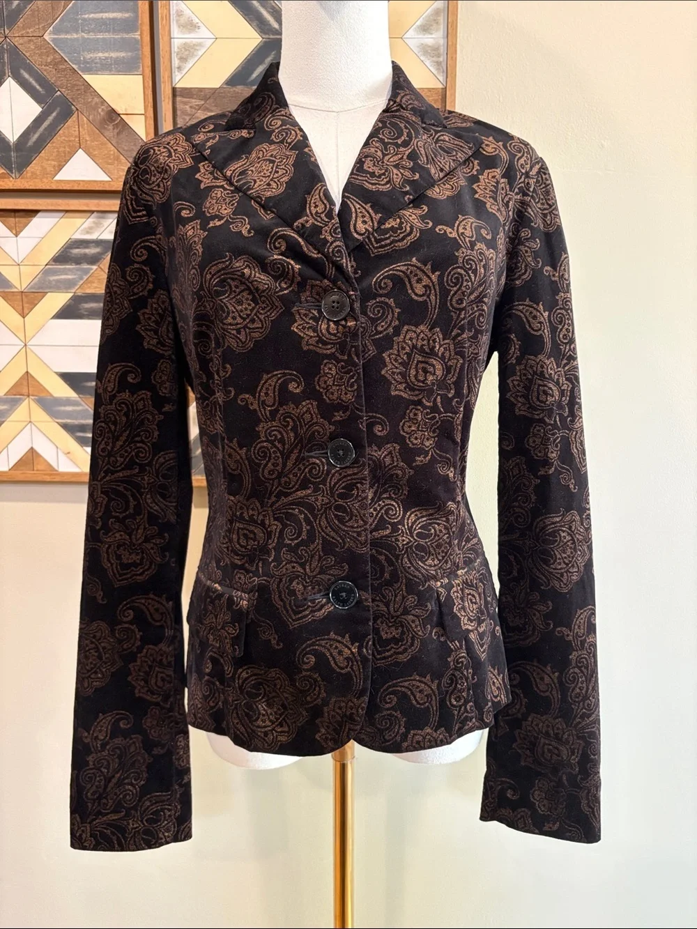 Vintage Lauren Ralph Lauren Black Gold Paisley Button-Up Velvet Blazer Jacket 8
